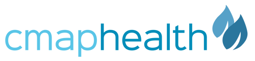 blue to medium blue logo with light blue word cmap and blue word health and at the end of it has a medium blue left and a dark blue leaf in front of it