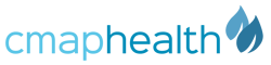 blue to medium blue logo with light blue word cmap and blue word health and at the end of it has a medium blue left and a dark blue leaf in front of it