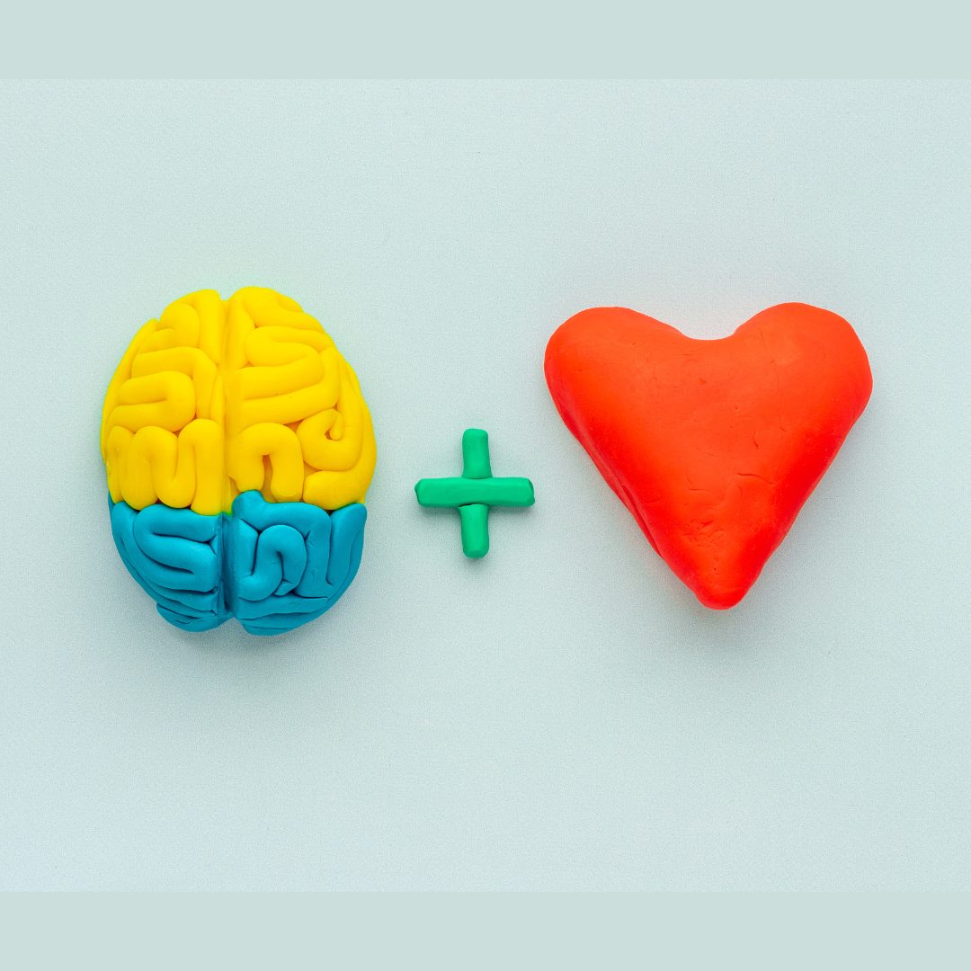 A colorful clay model of a brain and a heart with a plus sign between them, symbolizing the connection between mental and emotional health.