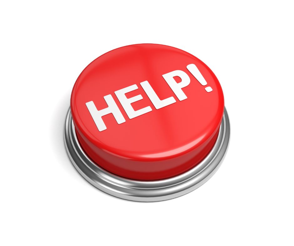 A large, red, round button with white text that says "HELP!". The button has a metallic base and is set against a plain white background.