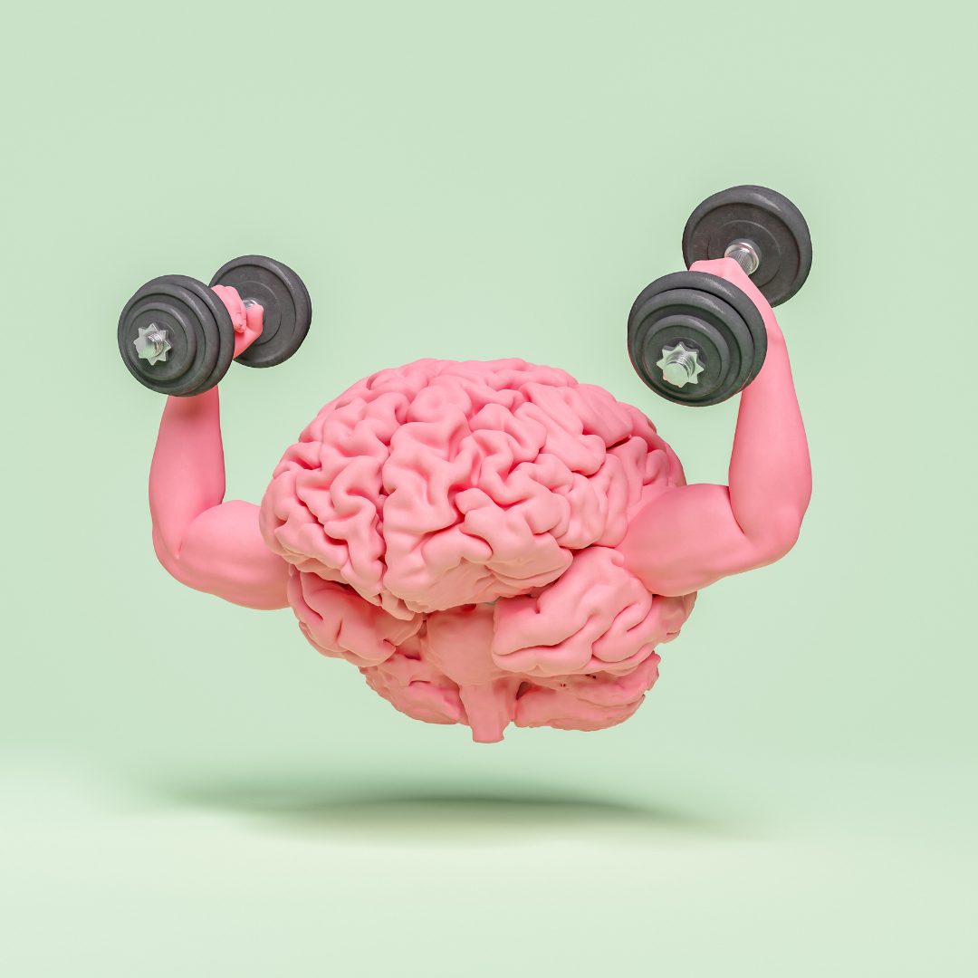 A pink human brain with muscular arms, lifting black dumbbells. The background is a plain, light green color.