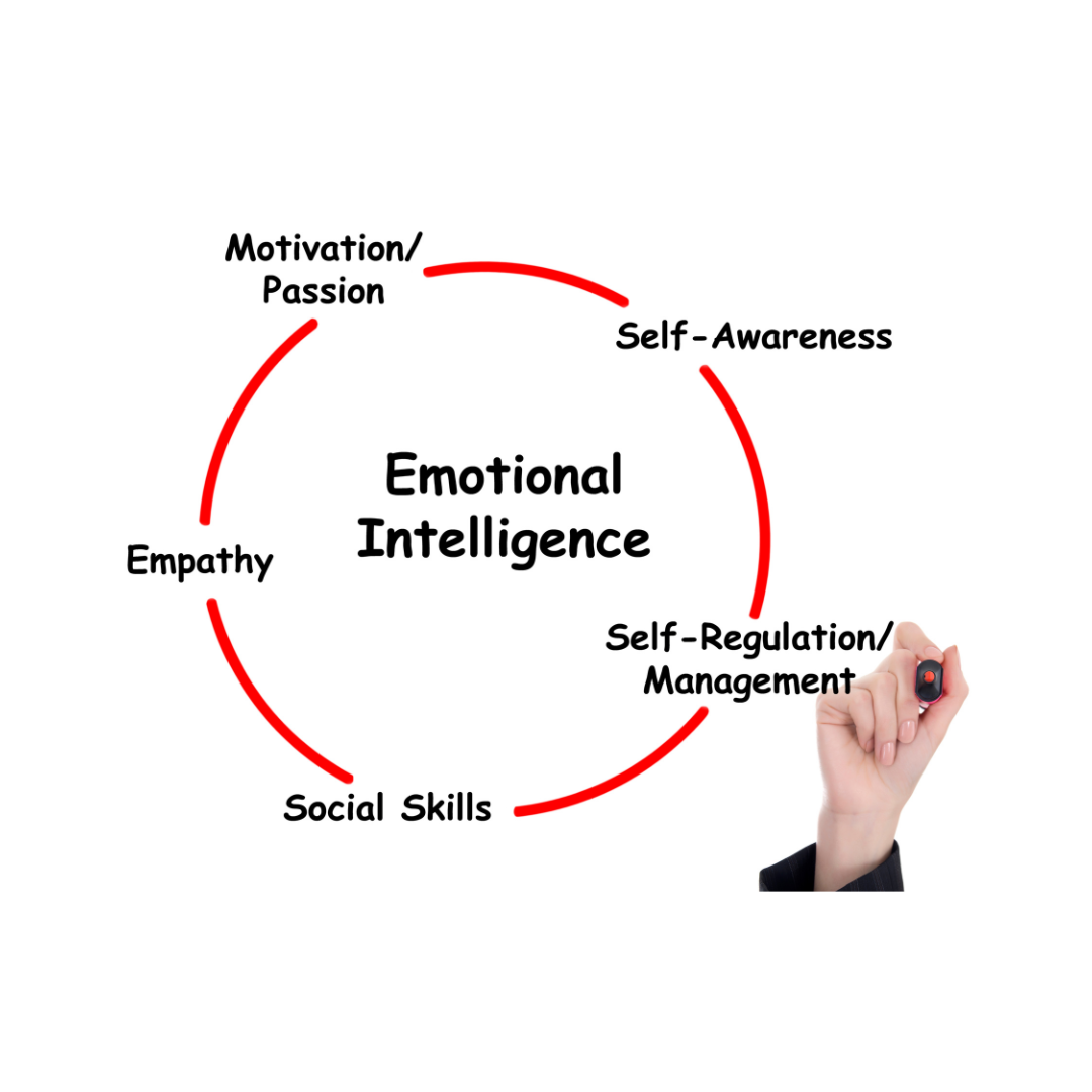 A hand holding a marker writes on a white background, illustrating a circular diagram of components contributing to Emotional Intelligence, including Self-Awareness, Self-Regulation/Management, Social Skills, Empathy, and Motivation/Passion.