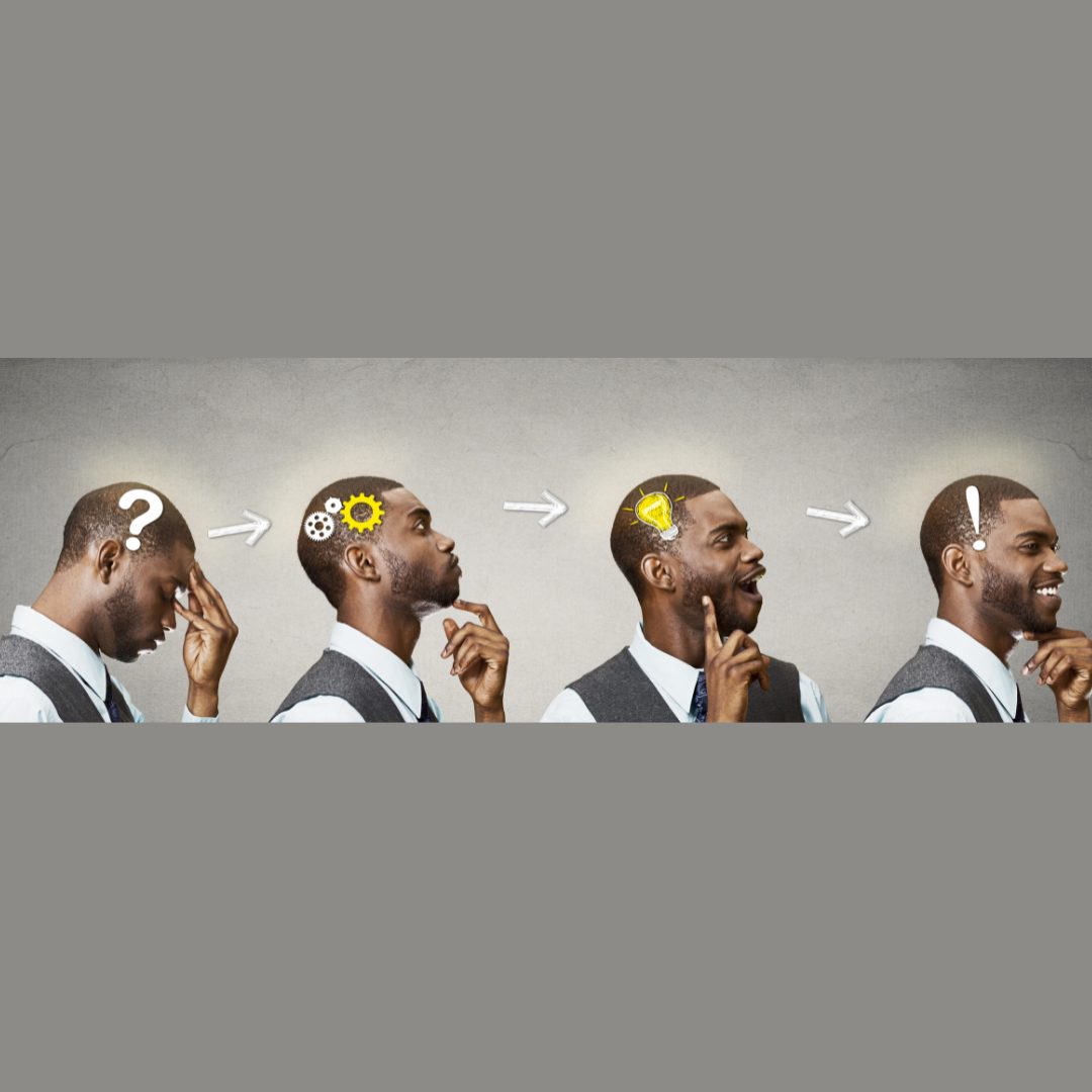 A series of four images showing a man progressing through different stages of thinking and realization: starting with a question mark above his head, then contemplating with gears in his head, followed by a lightbulb representing an idea, and finally smiling confidently with an exclamation mark above his head.