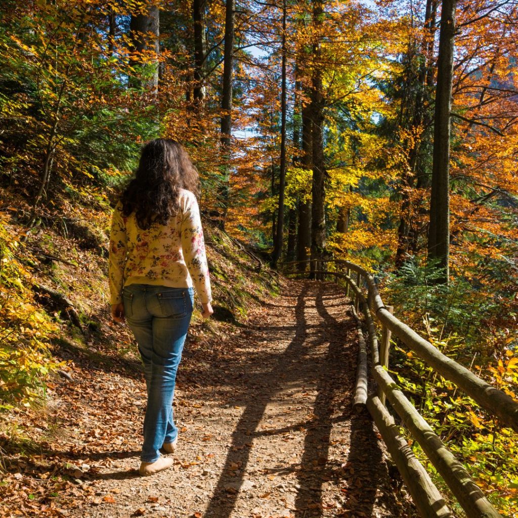 A lady walking in the woods on a pathway.